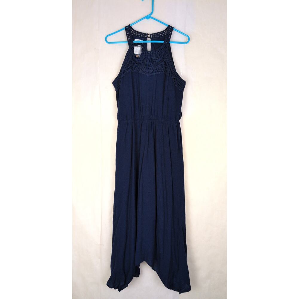 New Maurice's navy blue crocheted lace gauzy handkerchief hem maxi dress Large